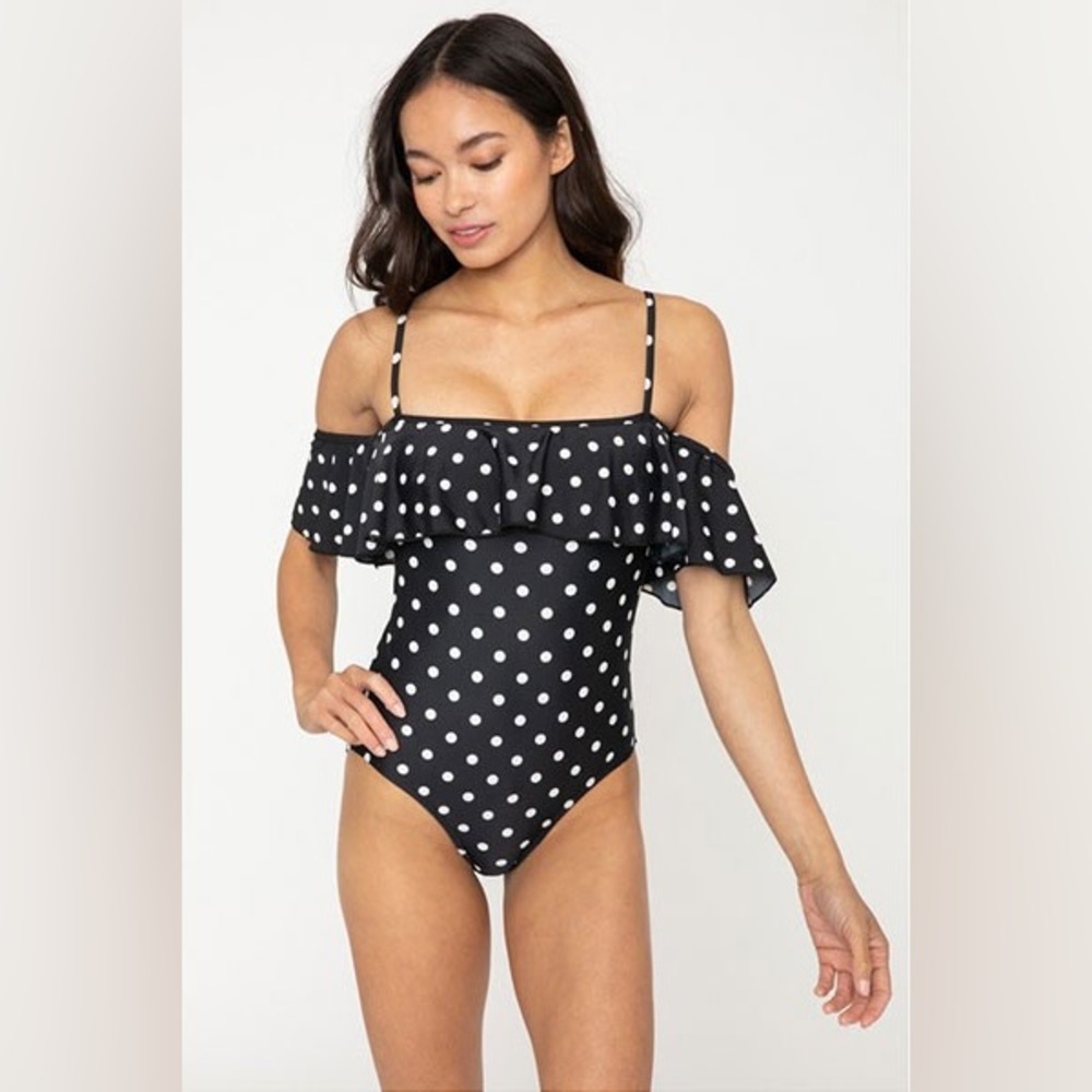 TAHARI Off-shoulder One Piece Swimsuit Size M Black White Polkadot
